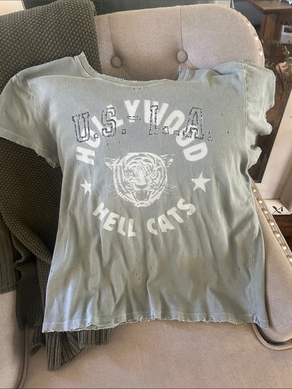 Retro Junk Food Clothing Olive Green 'Hell Cats' Short Sleeve Distressed Tee